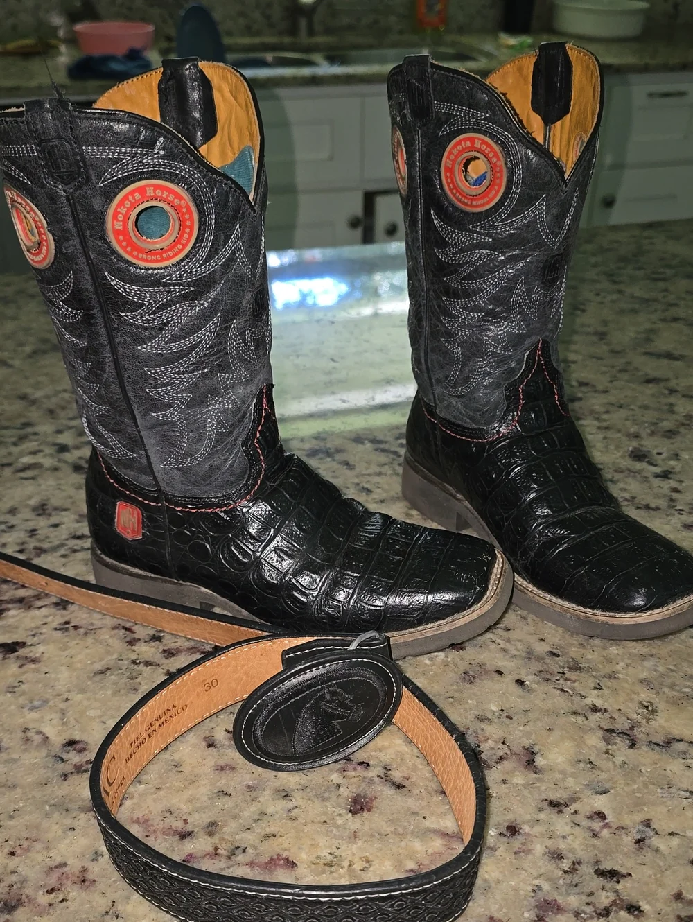 Black Croc-Pattern Leather Western Boots with Matching Black Belt